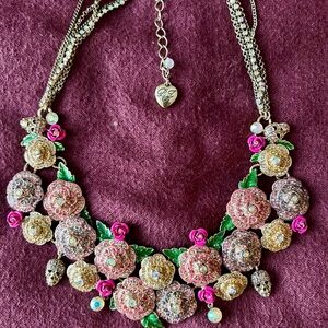 Vintage Floral Statement Necklace with Pink and Gold Accents